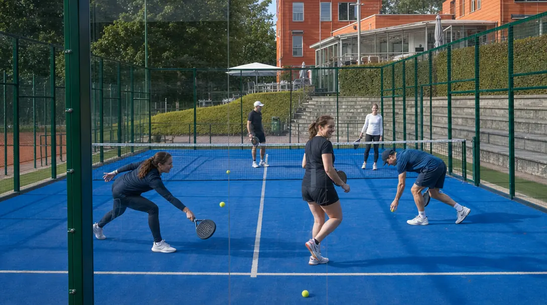 Padeltraining mit aktiven Spielerinnen und Spielern auf dem Court