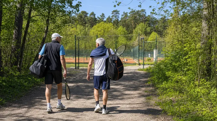Zwei ältere Freizeitspieler kommen entspannt zu den Plätzen in Wandlitz